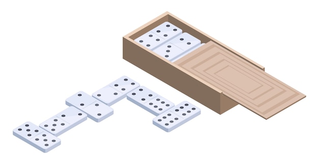 Vetor jogo de dominó isométrico recreação de jogos de mesa dominó em caixa de madeira ilustração em vetor 3d em fundo branco