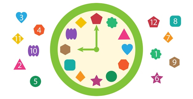 Jogo de educação de relógio de tempo infantil aprender estudo pré-escolar criança partida escolar ilustração vetorial