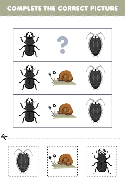 Vetor jogo de educação para as crianças escolherem e completarem a imagem correta de uma folha de trabalho para impressão de um caracol ou besouro bonito dos desenhos animados