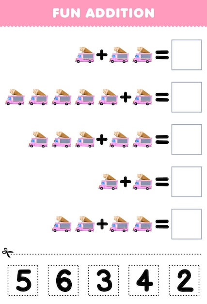 Jogo de educação para crianças adição divertida por cortar e combinar o número correto para planilha de transporte imprimível de caminhão de sorvete bonito dos desenhos animados