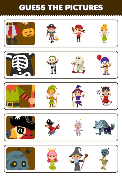 Jogo de educação para crianças adivinhar as imagens corretas de desenhos animados bonitos piratas esqueleto anões papagaio fantasia de múmia folha de cálculo para impressão de halloween