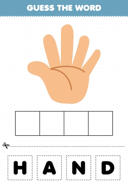 Jogo de educação para crianças adivinhar as letras da palavra praticando a mão de anatomia humana de desenho animado bonito