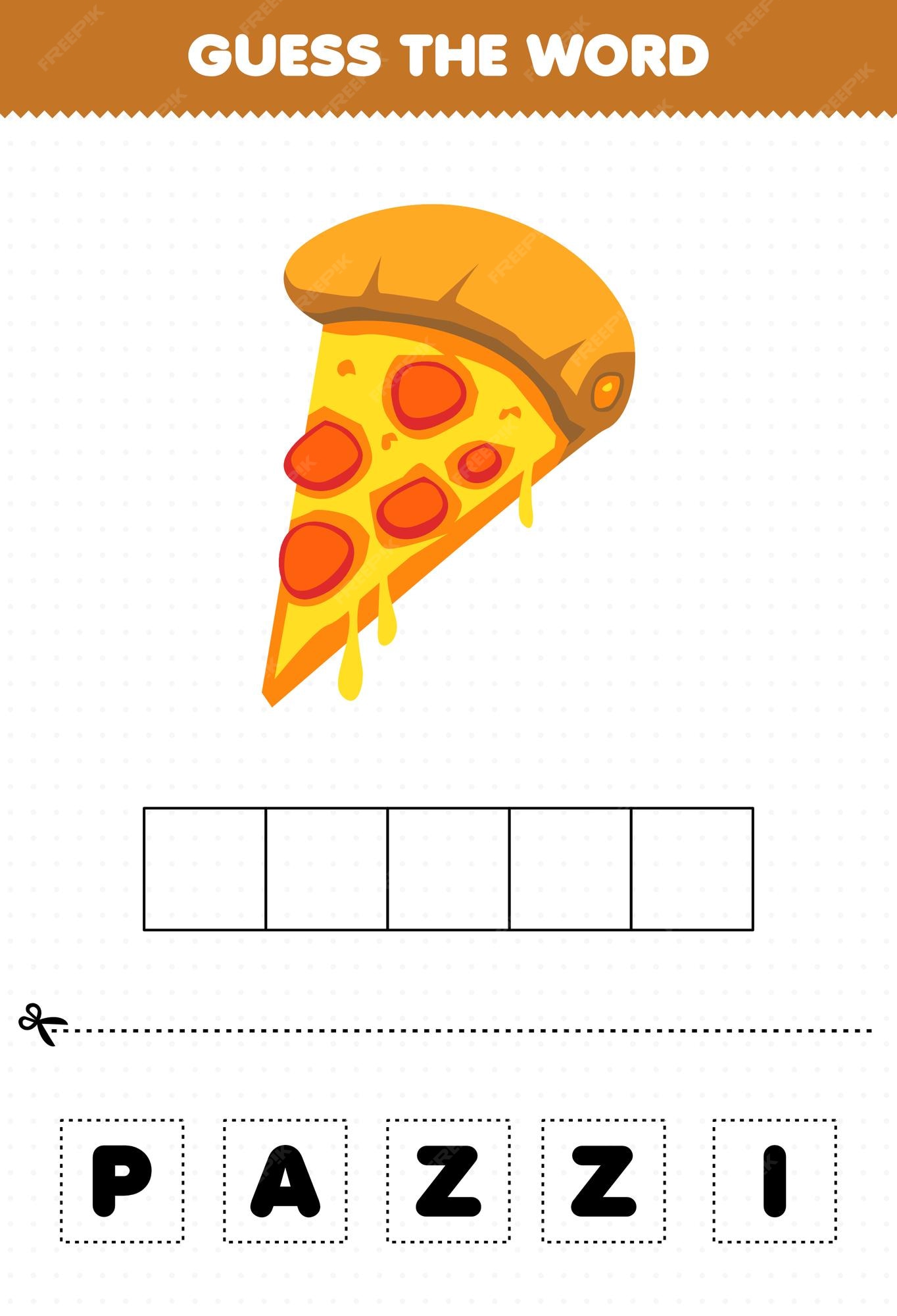 Jogo de educação para crianças adivinhar as letras da palavra praticando  fatia de pizza de comida de desenho animado