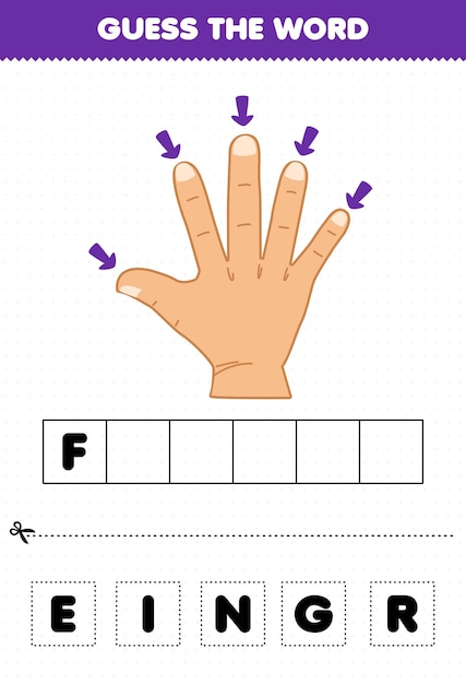 Jogo de educação para crianças adivinhar as letras da palavra praticando o dedo de anatomia humana bonito dos desenhos animados