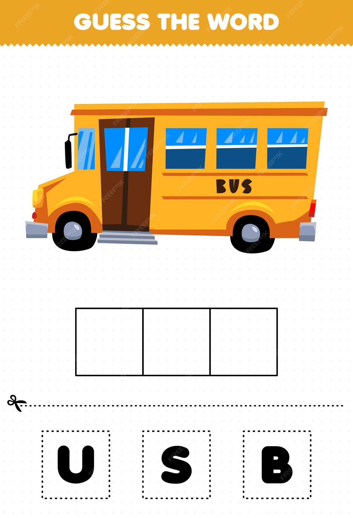 Jogo de educação para crianças adivinhar as letras da palavra praticando  ônibus de transporte fofo