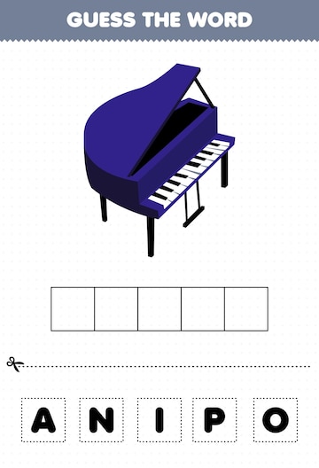 Jogo de educação para crianças adivinhar as letras da palavra praticando  planilha de piano de instrumento de música de desenho animado para  impressão