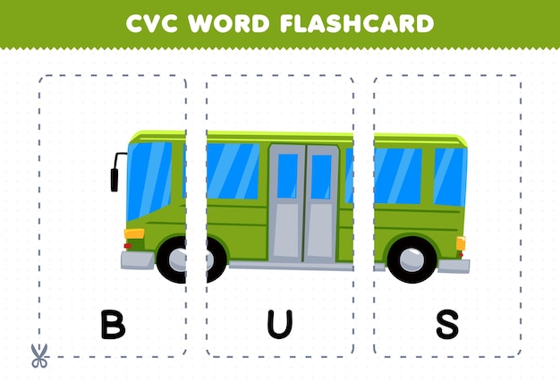 Jogo de educação para crianças aprendendo a palavra consoante de vogal consoante com cartão de flash imprimível de ilustração de ônibus bonito dos desenhos animados