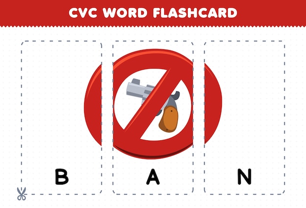 Vetor jogo de educação para crianças aprendendo palavra consoante vogal consoante com sinal de ban de desenho animado bonito para flashcard imprimível de ilustração de arma