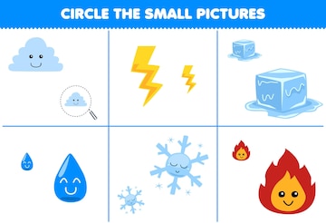 Jogo educacional para subtração divertida para crianças, contando e  eliminando uma nuvem fofa de desenho animado, floco de neve, trovão, água,  gelo, fogo, planilha de natureza imprimível