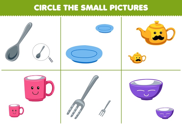 Jogo de educação para crianças, circule a pequena imagem de uma colher de desenho animado, garfo, prato, bule, caneca, planilha, ferramenta para impressão