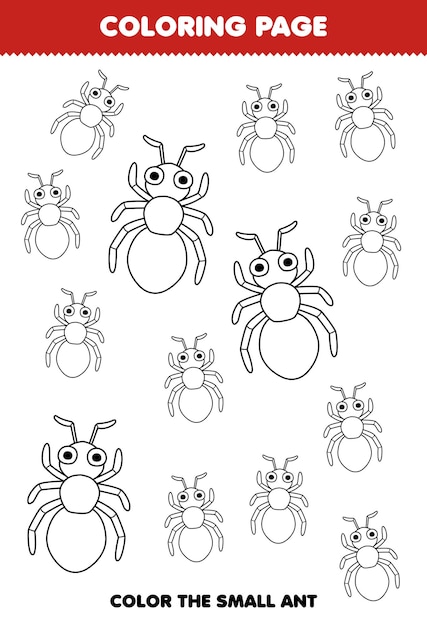 Jogo de educação para crianças colorindo página grande ou pequena imagem de planilha de bug imprimível de formiga de desenho animado bonito