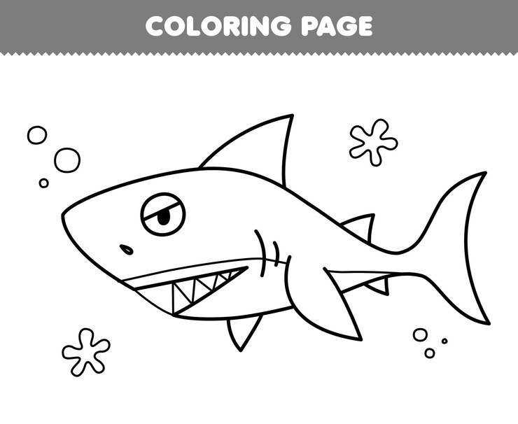 Vetor jogo de educação para crianças colorir página de arte de linha de tubarão de desenho animado folha de trabalho subaquática imprimível