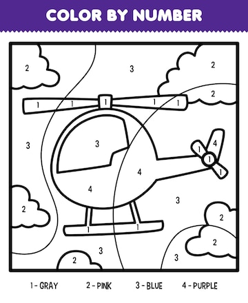 Jogo educativo de colorir engraçado por números com helicóptero de desenho  animado para crianças