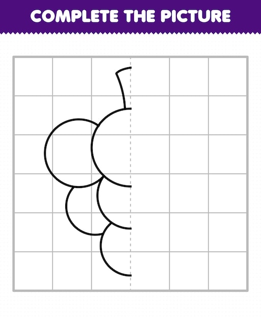 Jogo de educação para crianças completa a imagem de desenho bonito de uva de fruta de desenho meio esboço para desenho