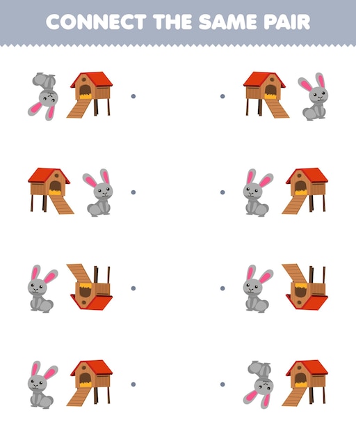 Jogo de educação para crianças conectar a mesma imagem de coelho de desenho animado fofo e folha de trabalho de fazenda para impressão