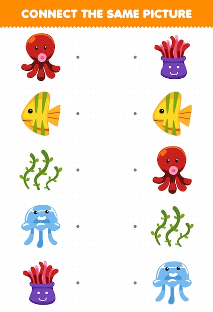 Jogo de educação para crianças conectar a mesma imagem de desenho animado peixe polvo algas água-viva anêmona planilha subaquática imprimível