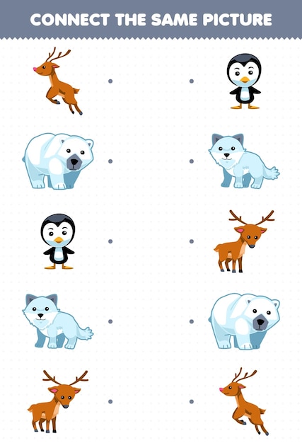 Jogo de educação para crianças conectar a mesma imagem de desenho bonito veado urso polar pinguim raposa ártica planilha de inverno imprimível