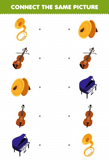 Jogo de educação para crianças conectar a mesma imagem de instrumento de  música de desenho animado harpa bongo teclado ukulele planilha imprimível