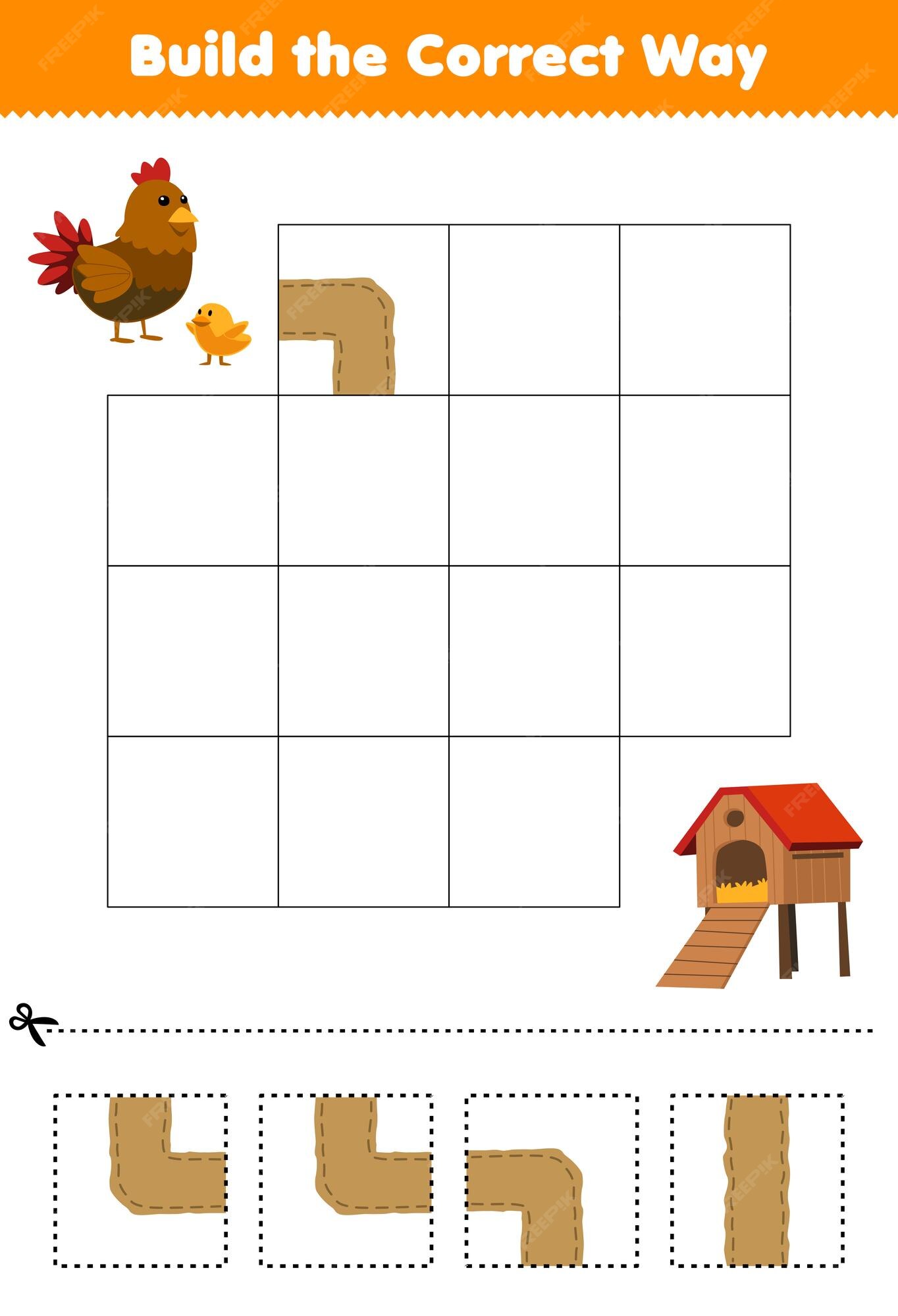 Jogo de educação para crianças corta e combina a mesma imagem de planilha  de fazenda imprimível de galinha de ovo de galinha de desenho animado  bonito