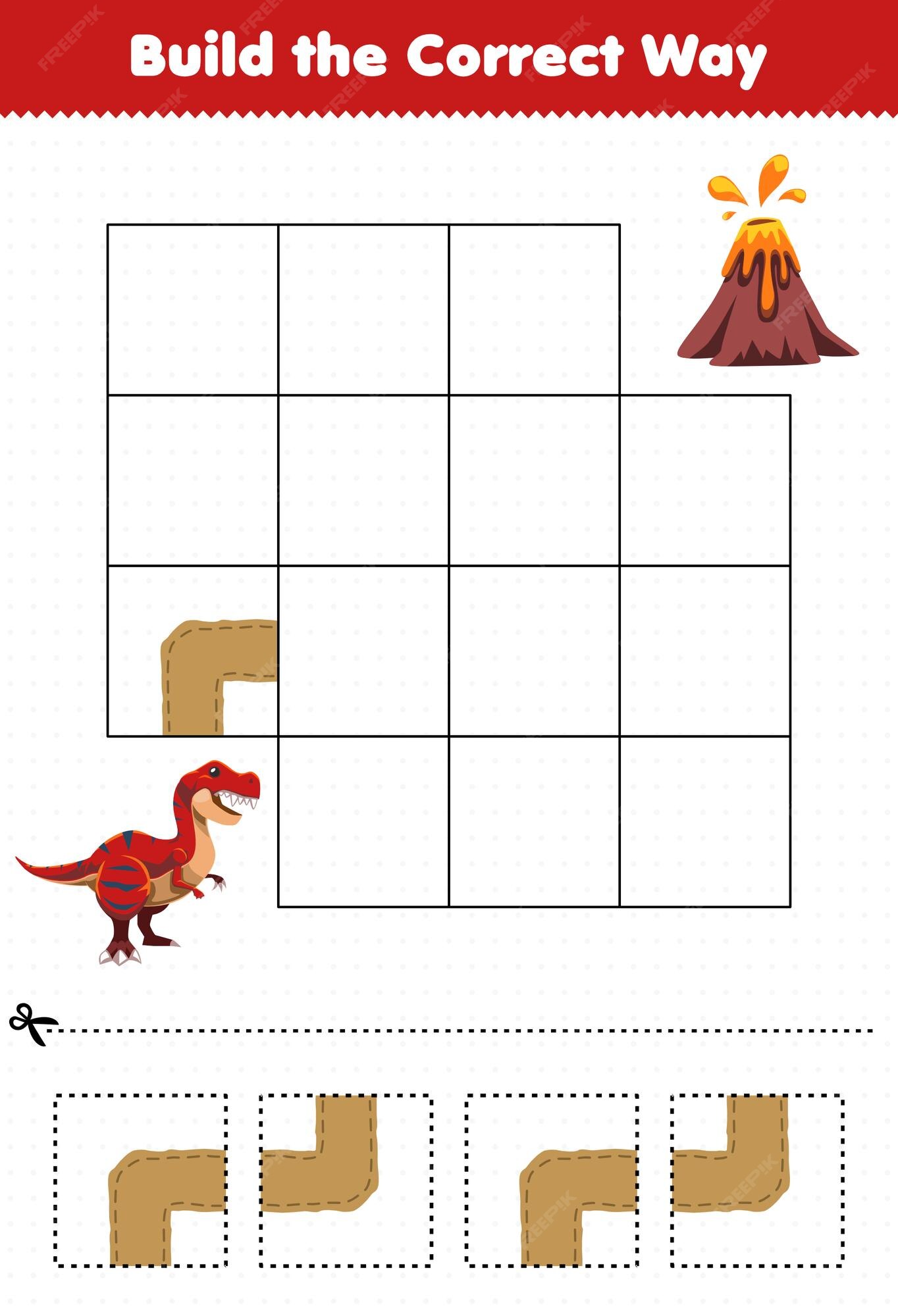 Jogo educativo para crianças, escolha a parte correta para completar uma  linda planilha de dinossauro pré-histórico para impressão com imagem de  tiranossauro de desenho animado