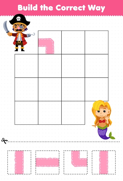 Jogo de educação para crianças construir a maneira correta de ajudar o capitão pirata bonito dos desenhos animados a se mover para a planilha pirata imprimível da sereia