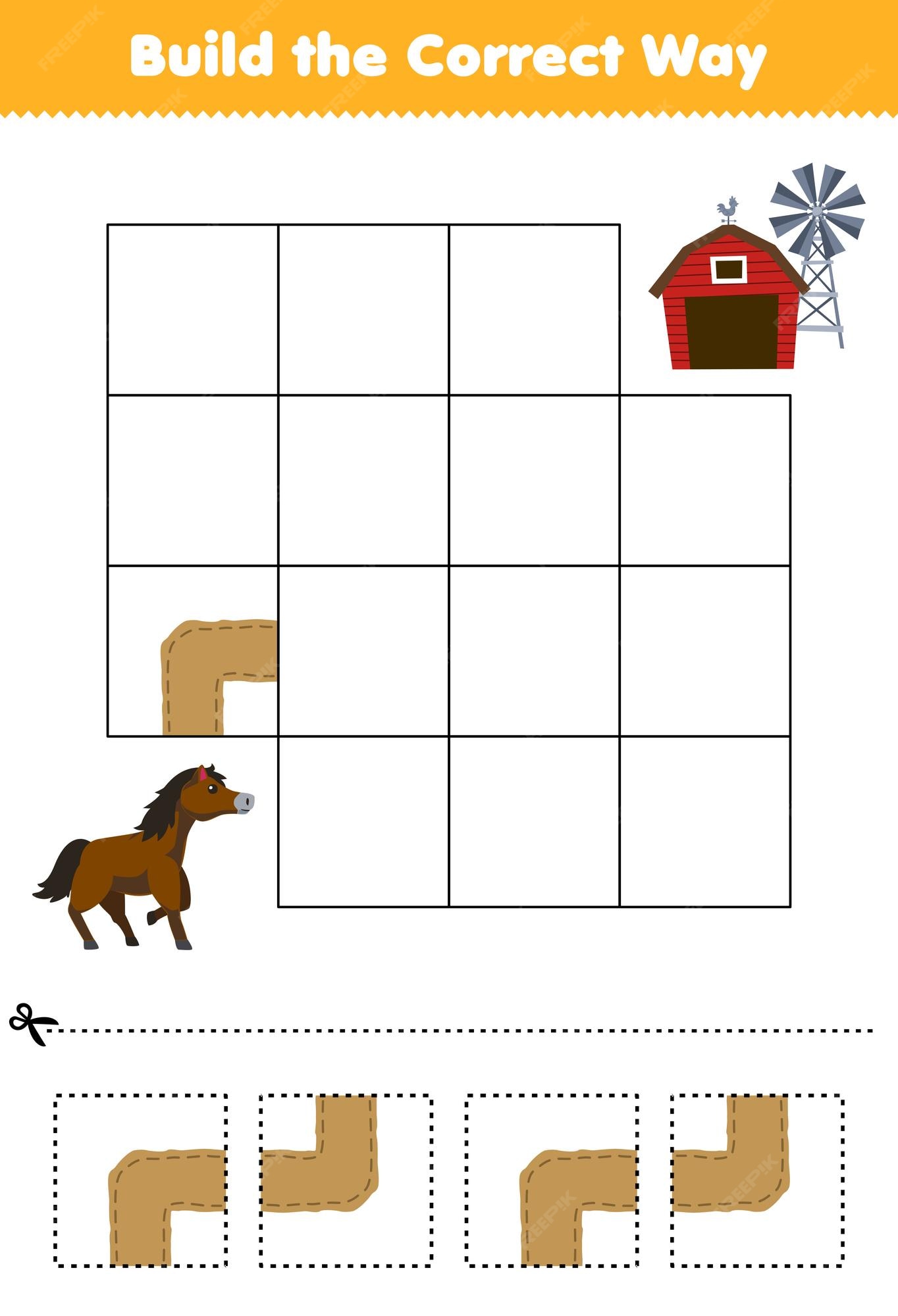 Jogo de educação para crianças construir a maneira correta de ajudar o  cavalo de desenho animado bonito a se mover para a planilha de fazenda  imprimível do celeiro