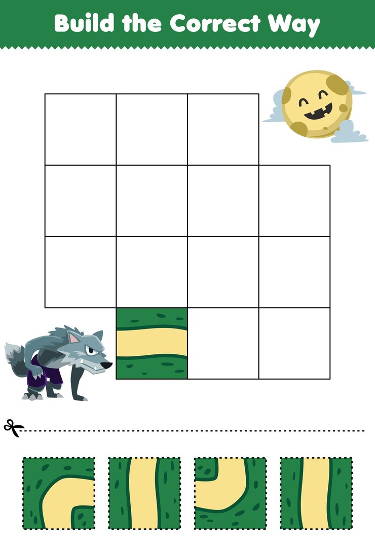 Vetor jogo de educação para crianças construir a maneira correta de ajudar o lobisomem bonito dos desenhos animados a se mover para a planilha imprimível do halloween da lua