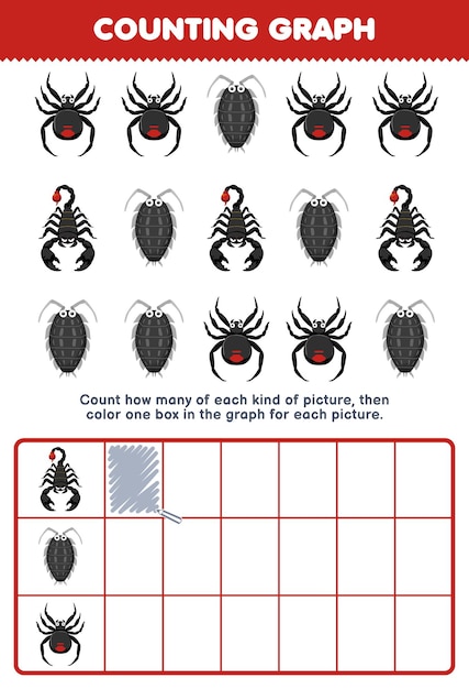 Vetor jogo de educação para crianças conta quantas aranhas de piolho de escorpião bonito dos desenhos animados, em seguida, colorir a caixa na planilha de bug imprimível do gráfico