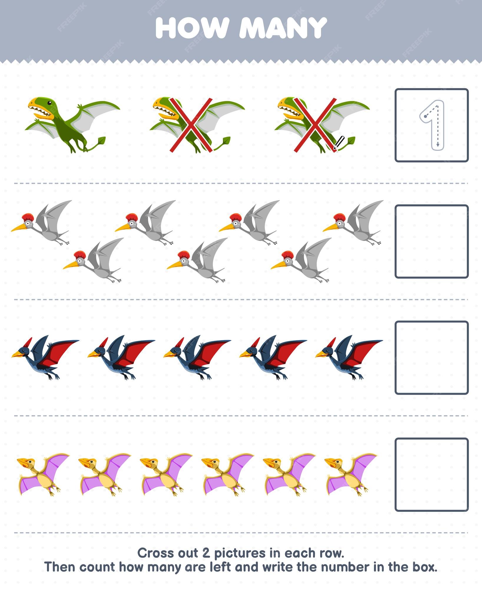 Jogo de educação para crianças conta quantos desenhos animados fofos de  dinossauro voador e escreve o número na caixa planilha de dinossauro  pré-histórico imprimível