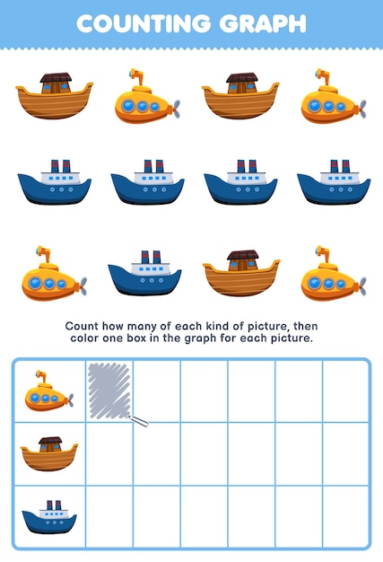 Jogo de educação para crianças conta quantos navios de arca submarina de desenho animado bonito então colore a caixa na planilha de transporte imprimível do gráfico