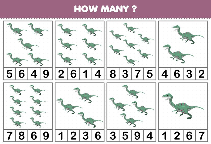 Jogo de educação para crianças contando quantos objetos em cada mesa de planilha imprimível de velociraptor de dinossauro pré-histórico bonito dos desenhos animados