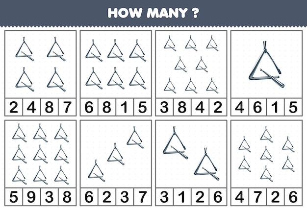 Jogo de educação para crianças contando quantos objetos em cada mesa de planilha para impressão triângulo de instrumento de música de desenho animado