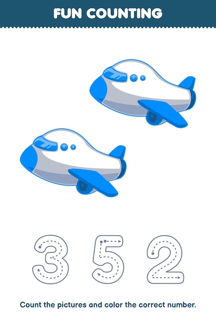 Jogo de educação para crianças contar as fotos e colorir o número correto da planilha de transporte para impressão de avião bonito dos desenhos animados