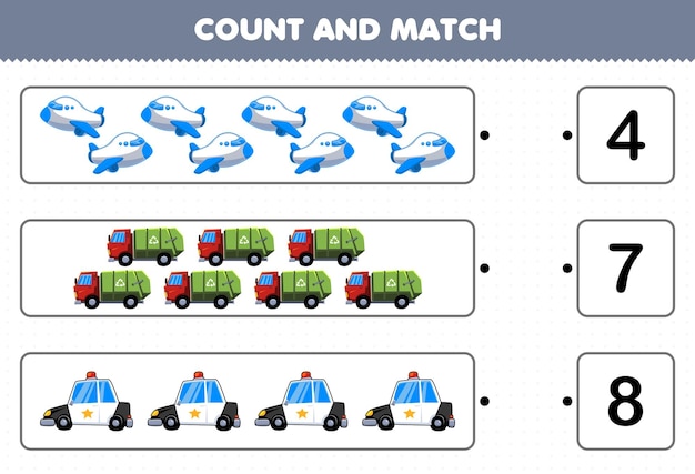 Jogo de educação para crianças contar e combinar contar o número de carro de polícia de caminhão de lixo de avião de transporte de desenho animado e combinar com os números certos planilha imprimível