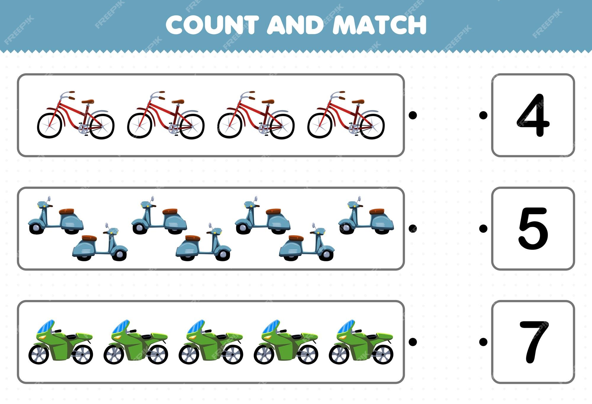 Jogo educativo para crianças pesquisando e contando atividade para  pré-escola quantos transporte bicicleta moto scooter