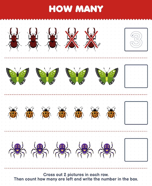 Jogo de educação para crianças contar quantas aranhas de joaninha borboleta de besouro bonito de desenho animado e escrever o número na planilha de bug imprimível da caixa