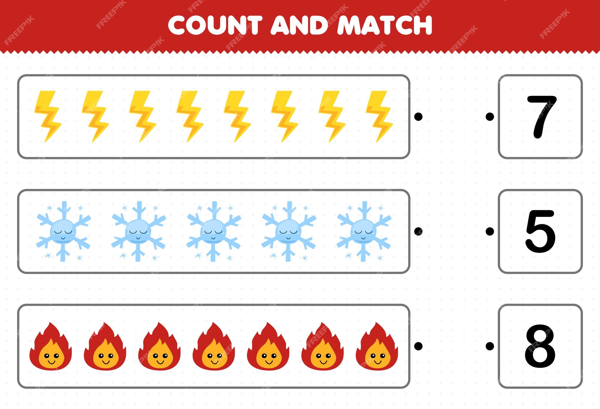 Jogo educativo para crianças, divertido, contando e escolhendo o número  correto de floco de neve bonito, trovão, fogo, gelo, água, planilha de  natureza imprimível