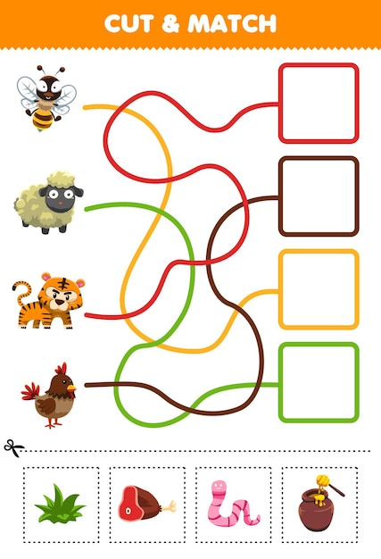 Jogo de educação para crianças corta e combina a comida correta para planilha imprimível de galinha de tigre de abelha de desenho animado bonito