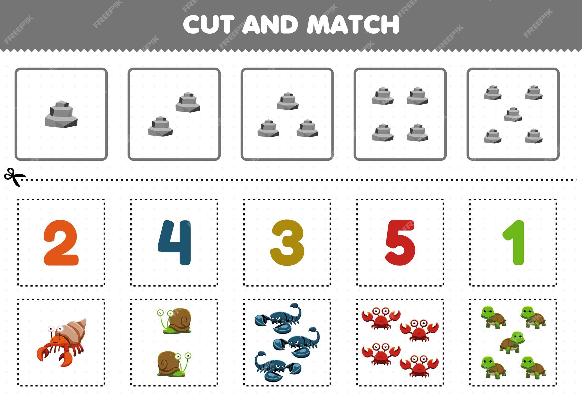 Jogo de educação para crianças corta e combina o mesmo número de