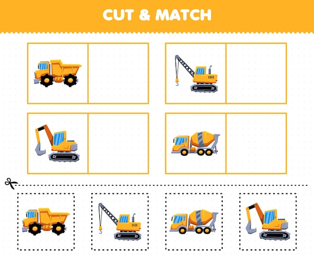 Jogo de educação para crianças cortar e combinar a mesma imagem de desenho animado bonito máquina pesada de transporte caminhão guindaste escavadeira concentrado caminhão misturador planilha imprimível