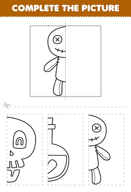 O jogo educacional para crianças completa a imagem do meio esboço do morcego  de halloween bonito dos desenhos animados para desenhar a planilha  imprimível