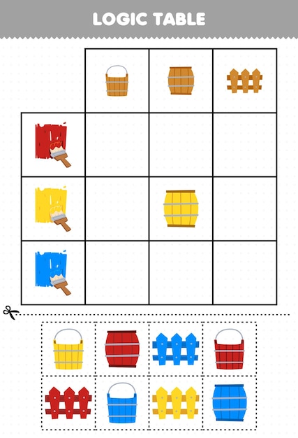 Jogo de educação para crianças, corte de mesa lógica e combinação de barril de cesta de desenho animado bonito e planilha de fazenda imprimível