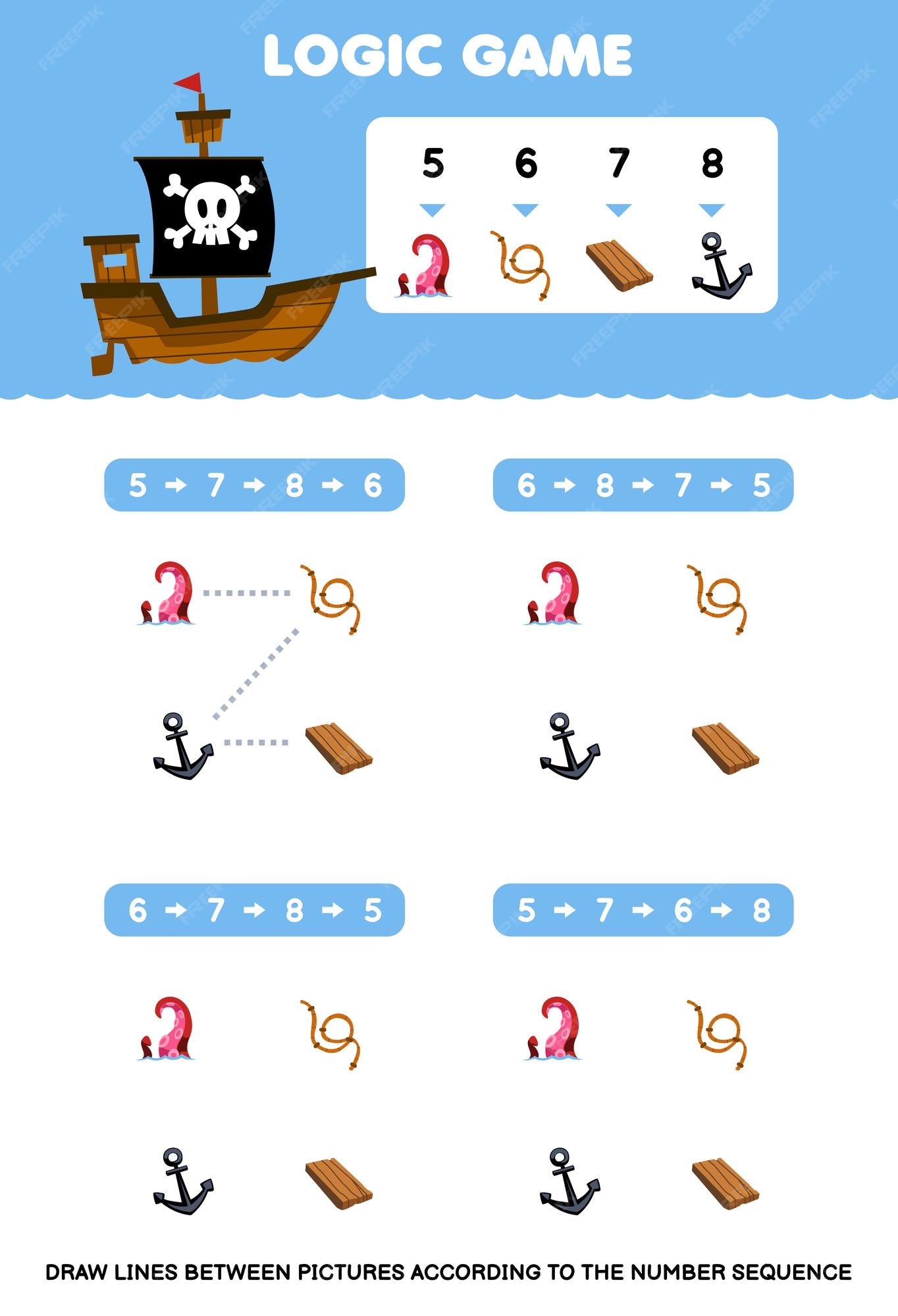 Jogo de educação para crianças desenhar linhas de acordo com as sequências  numéricas de desenhos animados tentáculo corda âncora placa de madeira  imagem para impressão planilha pirata