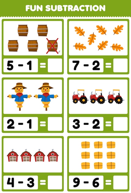 Jogo de educação para crianças diversão subtração, contando e eliminando folha de barril de desenho animado bonito espantalho trator celeiro feno planilha de fazenda imprimível