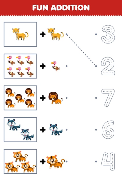 Jogo de educação para crianças divertidas contando e adicione mais um animal carnívoro de desenho animado fofo e escolha o número correto traçando a planilha de linha