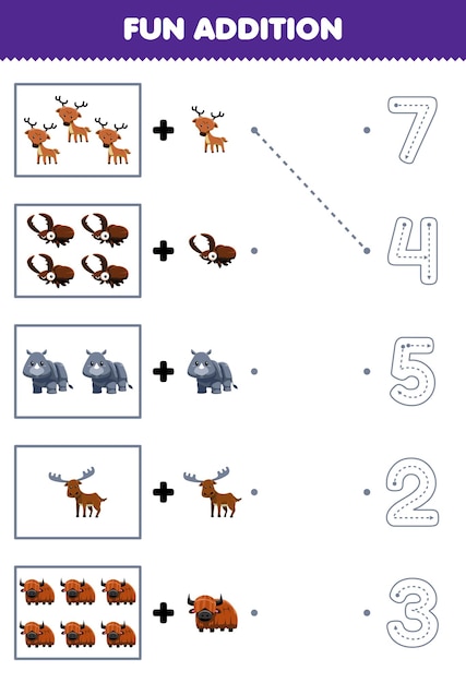 Jogo de educação para crianças divertidas contando e adicione mais um animal de chifre de desenho animado fofo e escolha o número correto traçando a planilha de linha