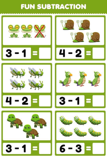 Jogo de educação para crianças divertidas subtração contando e eliminando fotos de animais verdes de desenhos animados fofos