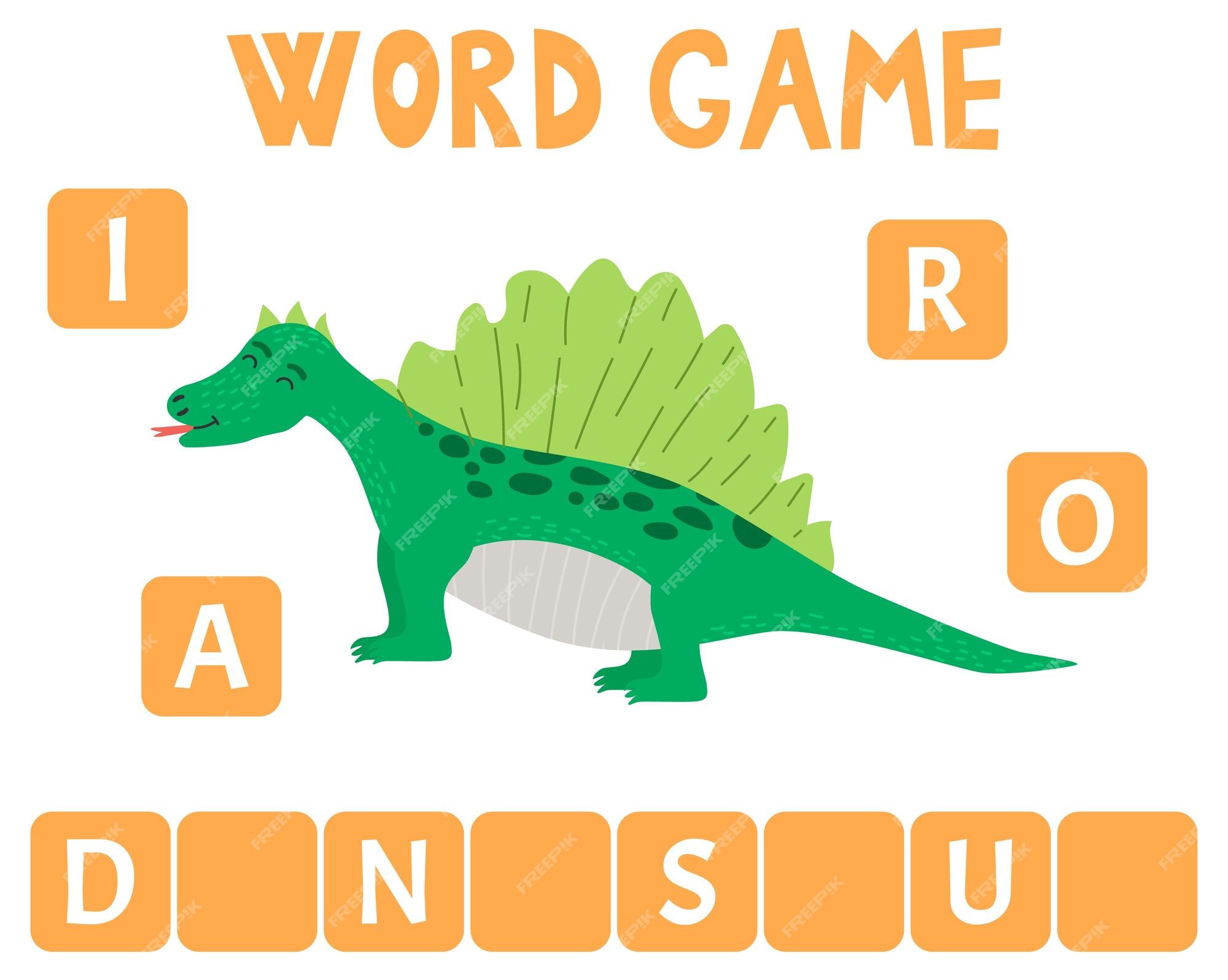 Jogo de scrable de palavras de ortografia com ilustração de dinossauro de  palavras jogo engraçado de educação para crianças encontrar letra perdida