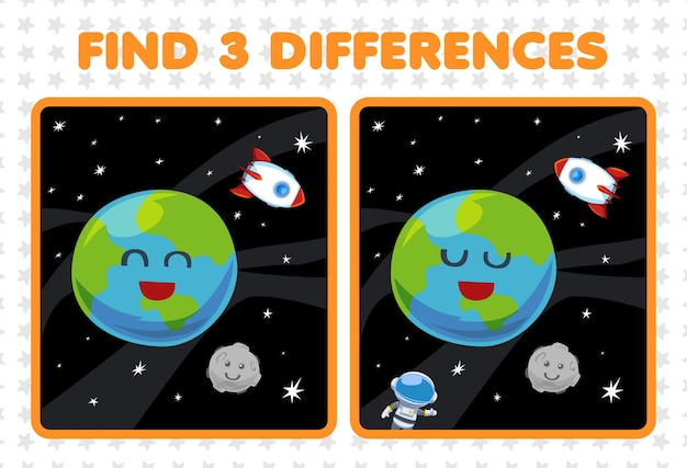 Jogo de educação para crianças encontra três diferenças entre dois bonitos desenhos animados do sistema solar terra planeta lua foguete astronauta