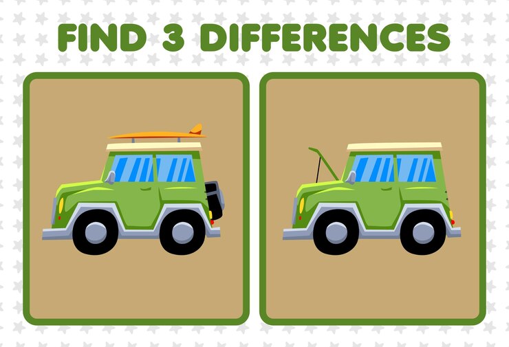 Vetor jogo de educação para crianças encontra três diferenças entre dois carros de jipe de transporte fofos